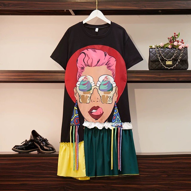 ( Order ) bigsize Đầm suông đuôi cá phối màu, in hình cô gái, phối tua rua
