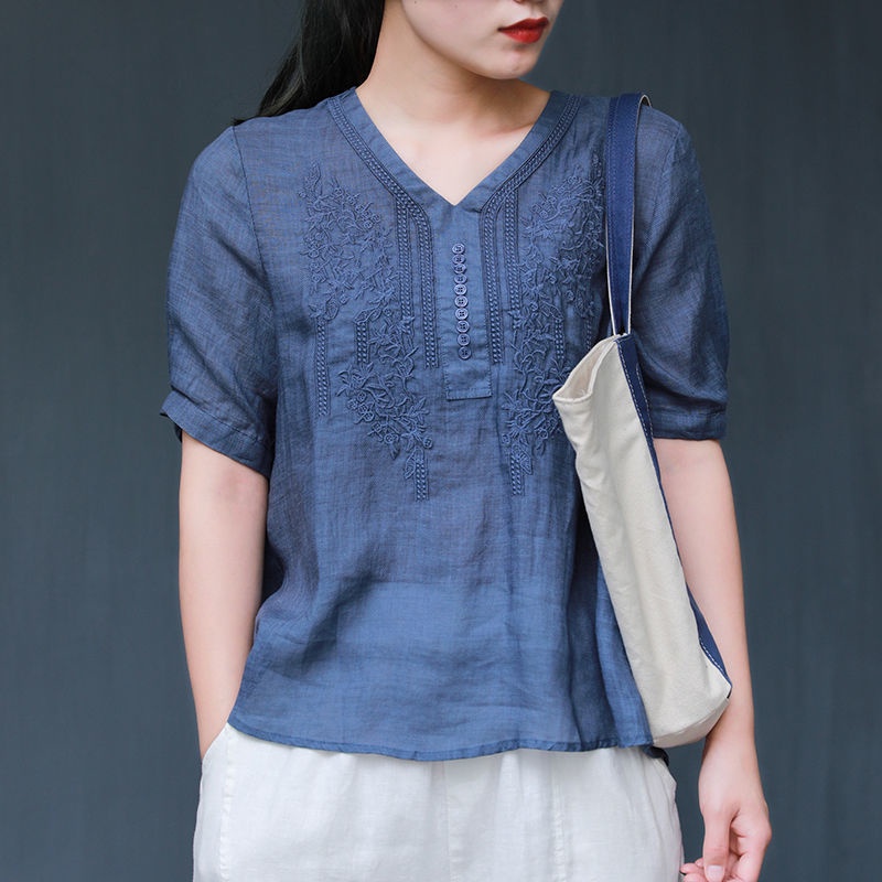 Áo Sơ Mi Vải Lanh Cotton Mỏng Cổ V Dáng Rộng Thêu Họa Tiết Kiểu Retro Thời Trang Cho Nữ