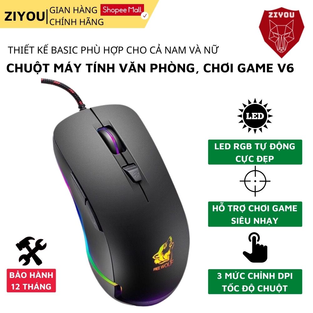 Chuột máy tính gaming ZIYOU V6 có dây, có led viền RGB cực đẹp, chỉnh được dpi chơi mọi tựa game trên máy tính, pc