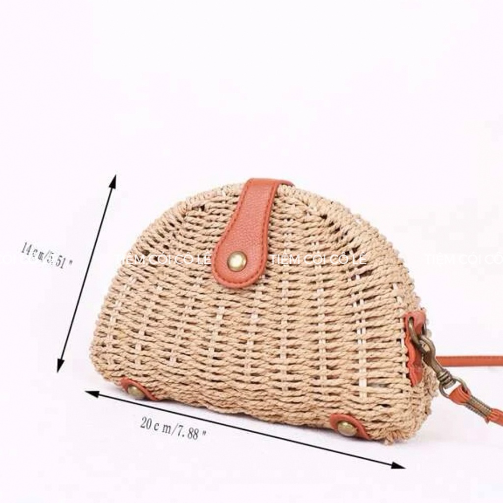 Túi cói đi biển mẫu vintage dáng sò đeo chéo vai tiện lợi - Tiệm Cói Cô Lê