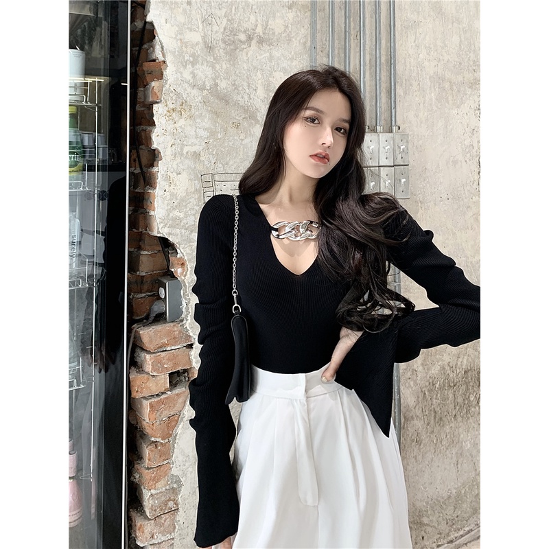 HUANG YOYO Áo Dệt Kim Đen Tay Dài Cổ Chữ V Xẻ Tà Dáng Ôm Phong Cách Hàn Quốc Thời Trang Cho Nữ