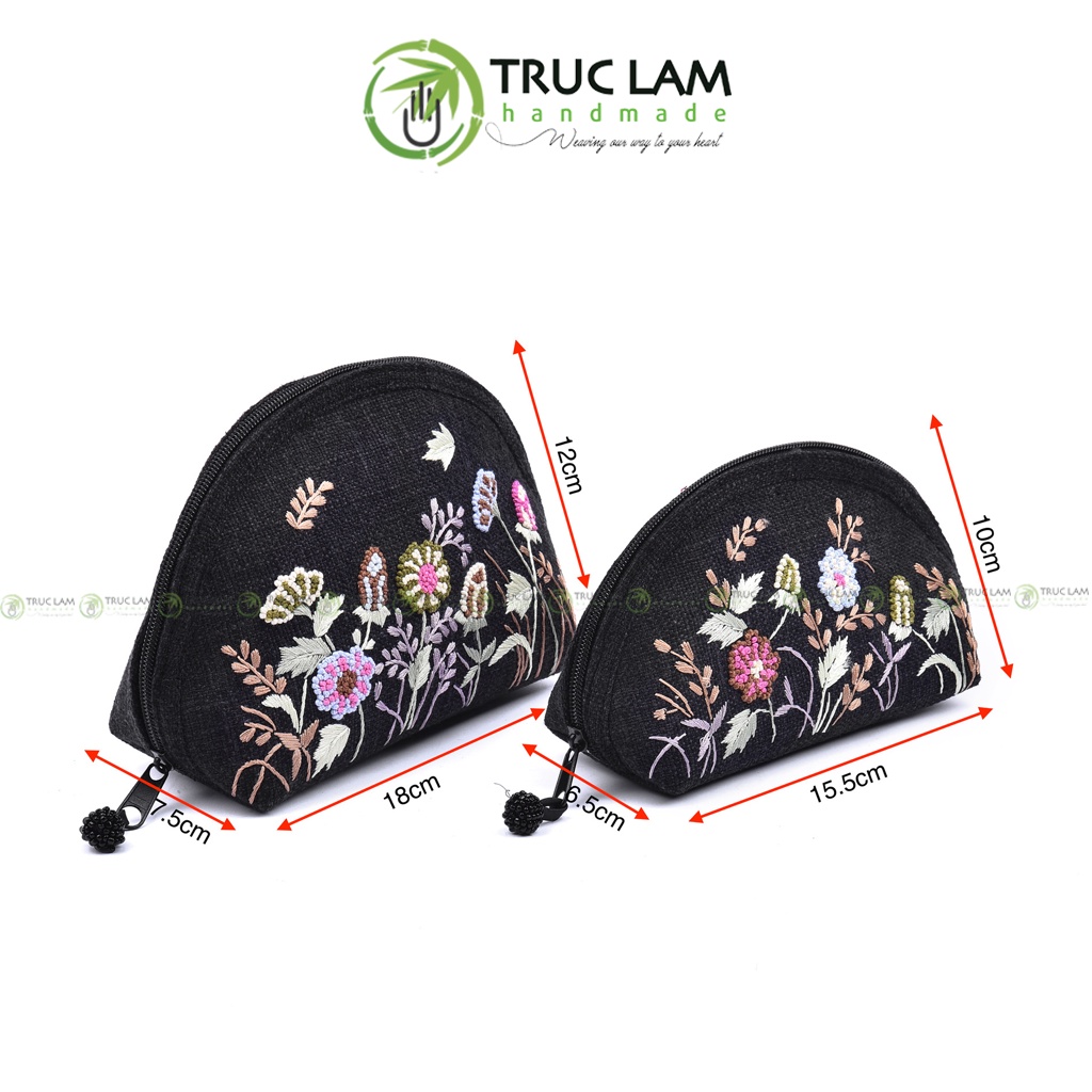Ví Cầm Tay Nữ Vải Gai Họa Tiết Hoa Cỏ Thêu Tay Bộ Hai Chiếc Trúc Lâm Handmade