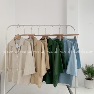 Set linen Áo pijama tay lửng hai túi+Shorts cạp chun