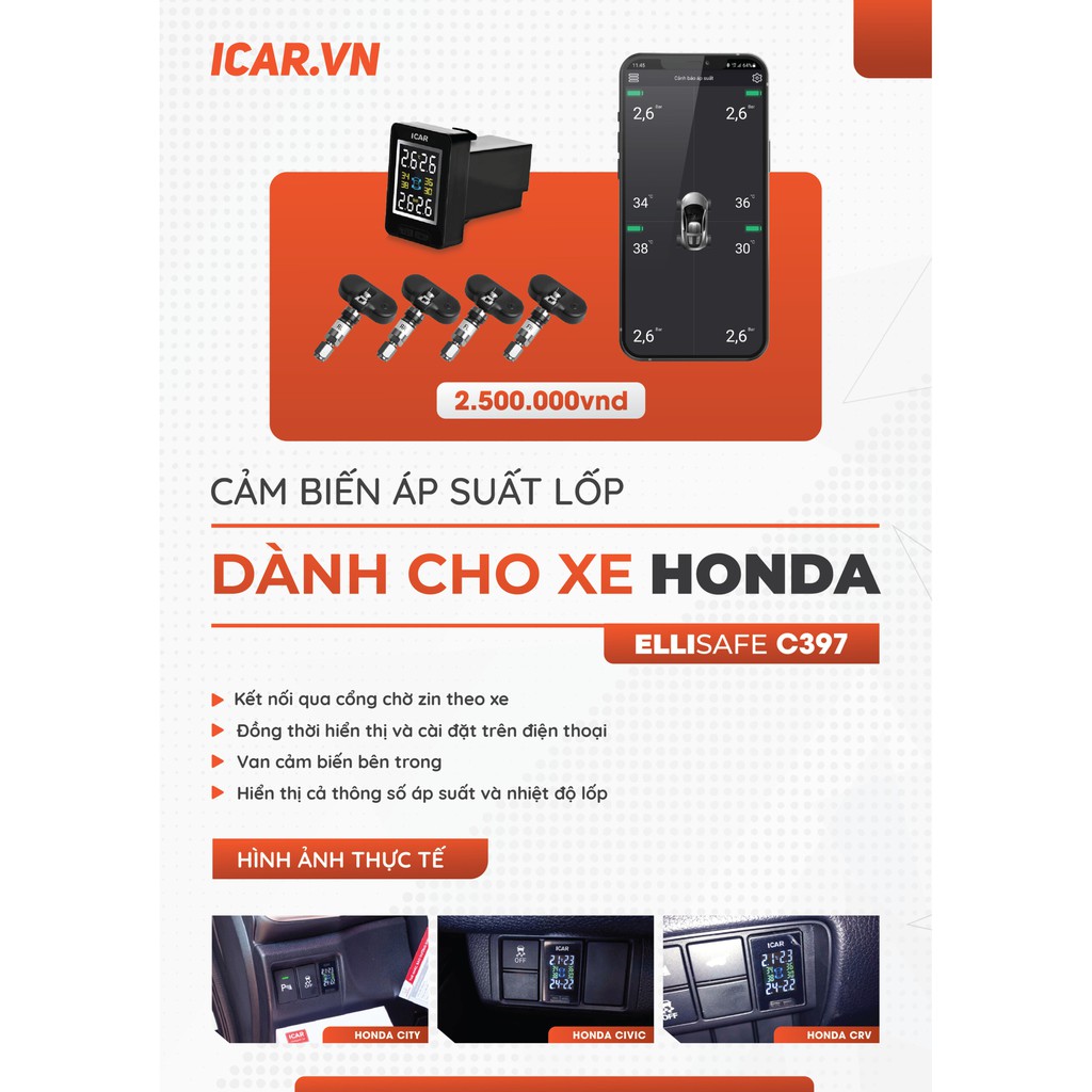 Cảm Biến Áp Suất Lốp Van Trong C397 Lắp Cho Lỗ Chờ Xe Honda Tích hợp kết nối Điện Thoại