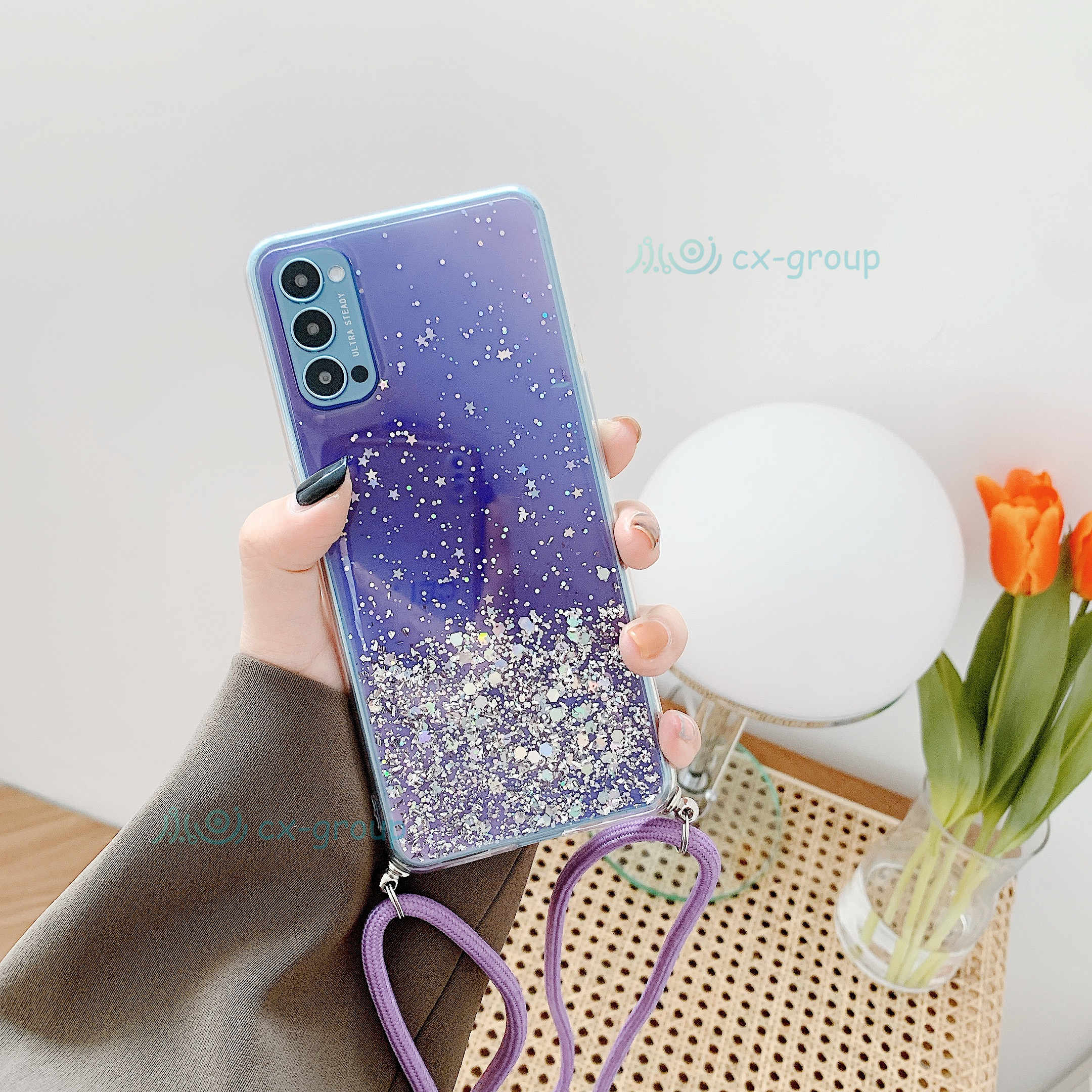 Ang Glitter Dây đeo Dây xích Vỏ dây buộc OPPO RENO4F A15 A53 A3S A5S A7 A12 A12E A5 / A9 2020 A92 A52 F9 F11 F7 F1S Dây buộc Vỏ điện thoại OPPO