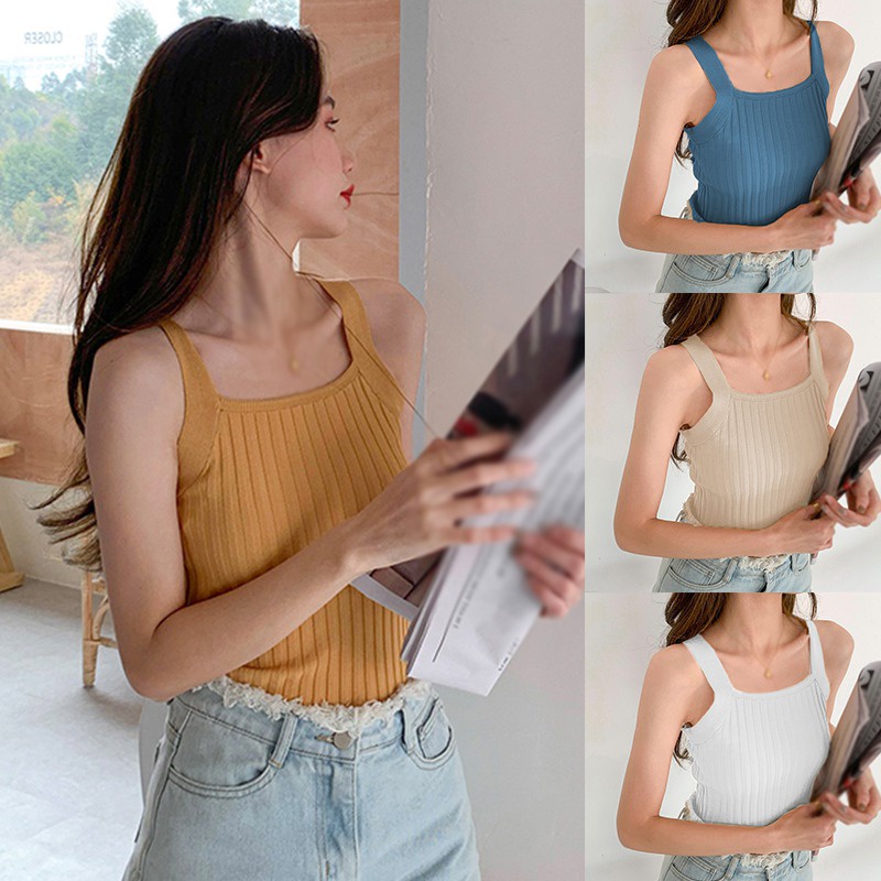 Áo hai dây dệt kim ngắn hở lưng thời trang xuân thu nhiều màu tùy chọn cho nữ