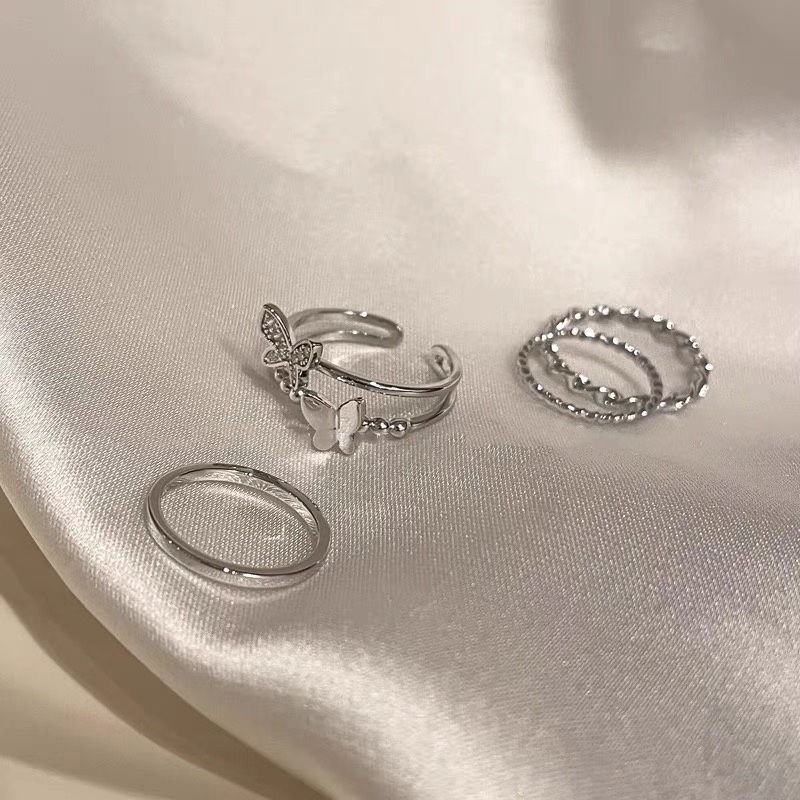 Bộ 4 nhẫn hợp kim một lớp và hai lớp trang trí bươm bướm phong cách Hàn Quốc thời trang cho nữ OUYOU