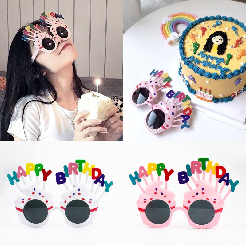 Mắt kính trang trí hình bánh kem và chữ Happy Birthday dùng làm đạo cụ chụp ảnh selfie cho tiệc sinh nhật