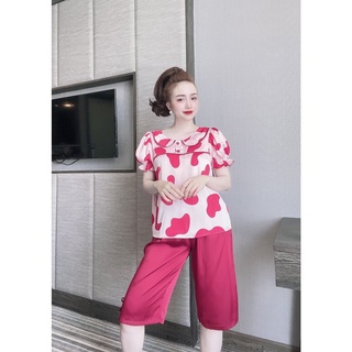 ❏⊙Đồ Bộ Pijama Ngủ Lụa Áo Nữ Tay Bồng Cổ Sen Họa Tiết Kèm Quần Lửng Màu Trơn Mặc Nhà Trẻ Trung Xinh Xắn.