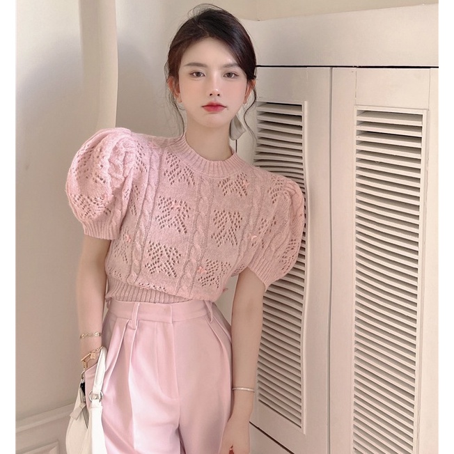 NUZIRO  Áo kiểu  dệt kim tay ngắn phồng trẻ trung thời trang dành cho nữ