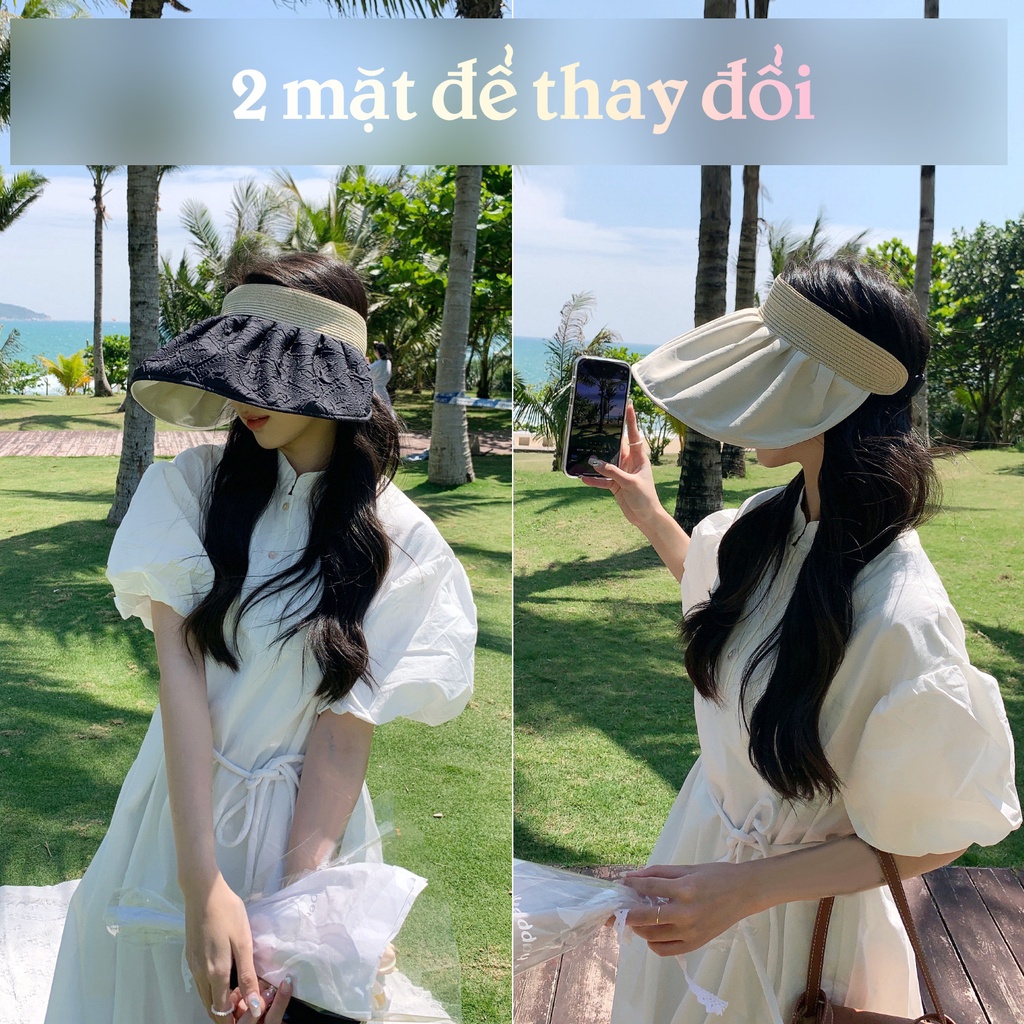 Nón Cói Hở Đầu Phối Vải Hoa Văn 2 Mặt Vành Rộng Kiểu Hàn