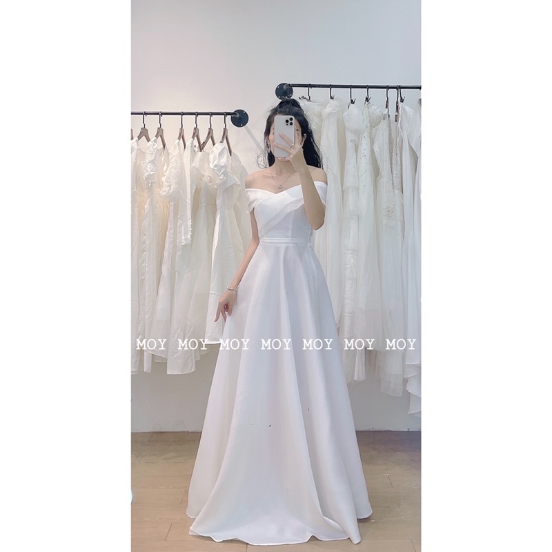 Váy bệt vai voan xòe phi nơ đan lưng - Váy đi bàn đơn giản-H318