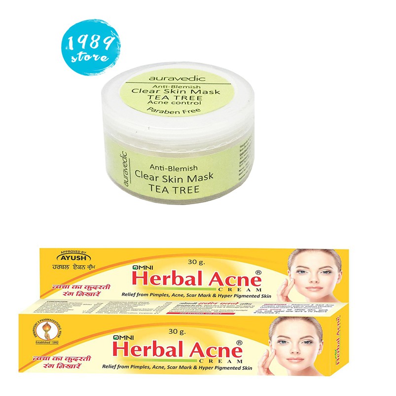 Bộ đôi Kem chấm mụn Omni Herbal Acne 30g và Mặt nạ da mụn Neem Tràm Trà Auravedic 50g