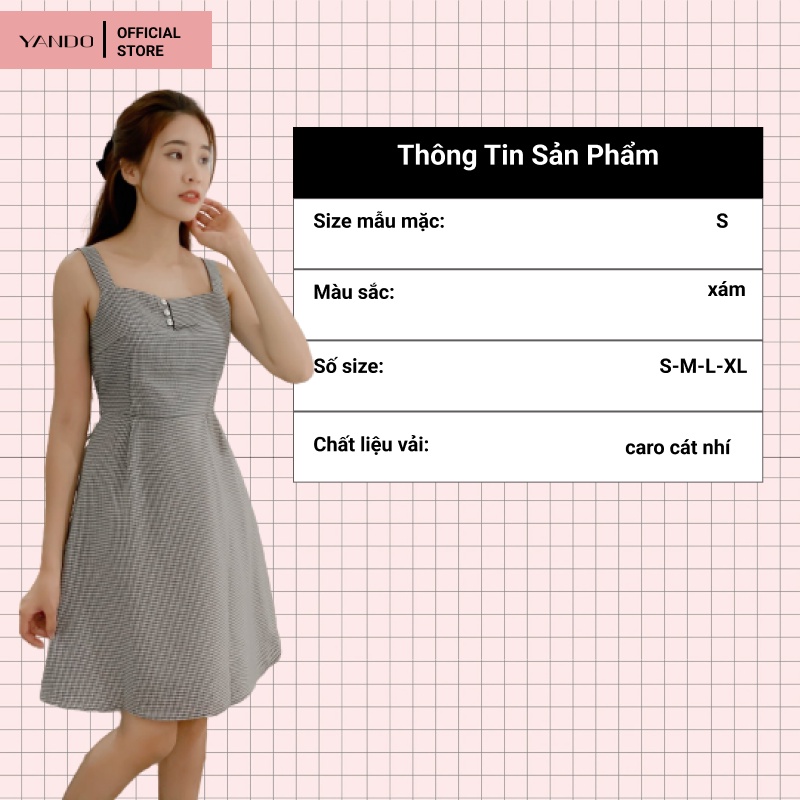 Đầm nữ 2 dây caro nhí Yando DA03 Phối Nút Siêu Xinh