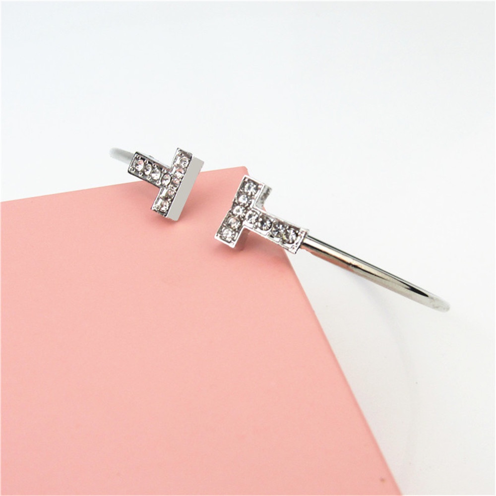 Vòng đeo tay hở hình chữ T đính đá đơn giản thời trang cho nữ