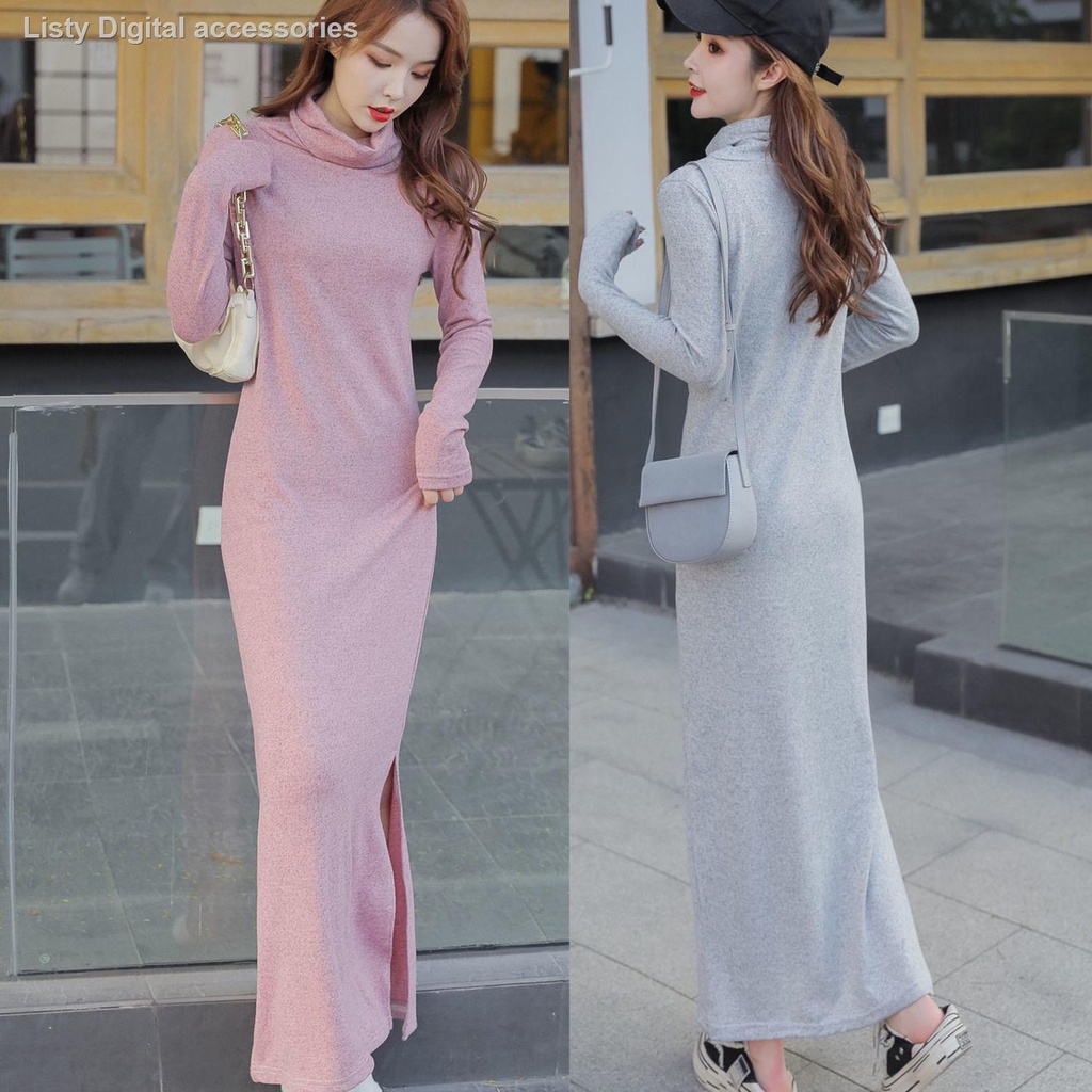 Đầm len lông cừu dài cổ cao xẻ tà thời trang thu đông mới cho nữ