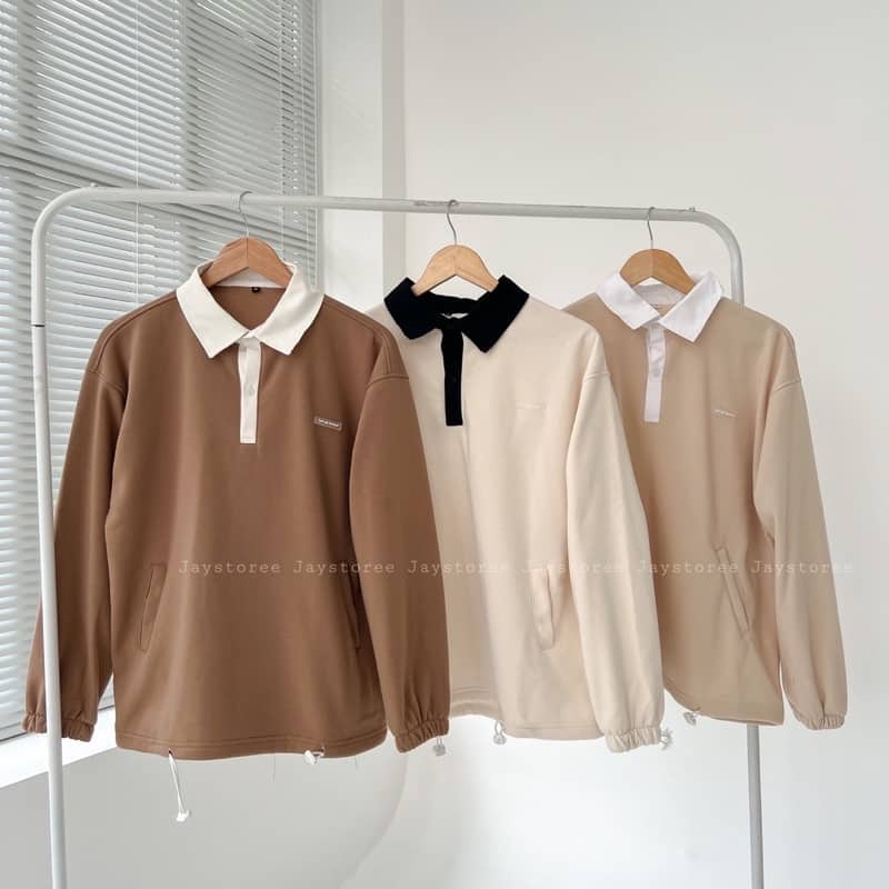Sweater Polo MOZY, Phối Cổ Trắng Form Rộng Ulzzang Nam nữ unisex  Áo Sweater có cổ JayStoree2