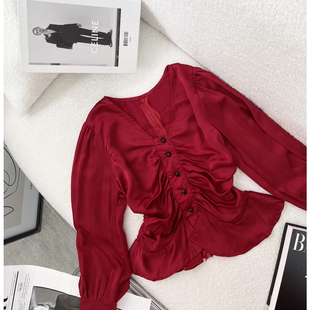 Áo peplum nữ, áo nữ kiểu tay dài cổ v nhíu ngực cực kỳ cá tính phối cúc xòe nhẹ cực xinh hàng cao cấp Diểm Shop | BigBuy360 - bigbuy360.vn