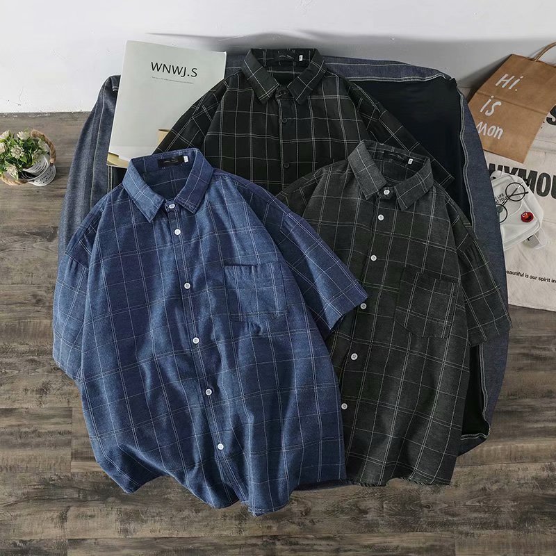 Áo Sơ Mi Tay Ngắn Dáng Rộng Họa Tiết Sọc Caro Thời Trang Mùa Hè Cho Nam