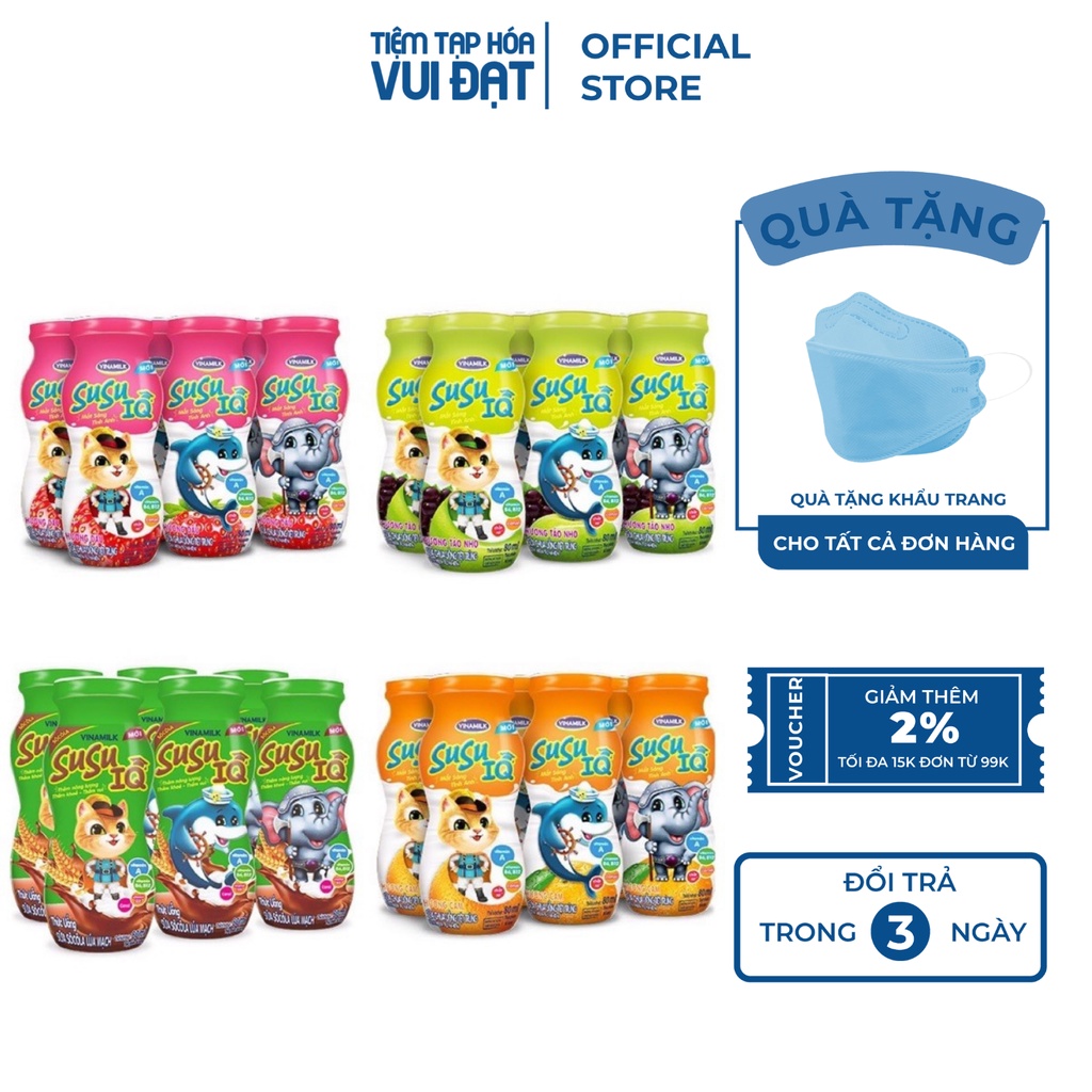 Thùng 48 lọ 80ml sữa chua uống tiệt trùng Susu Vinamilk 4 vị cam, dâu, táo, socola