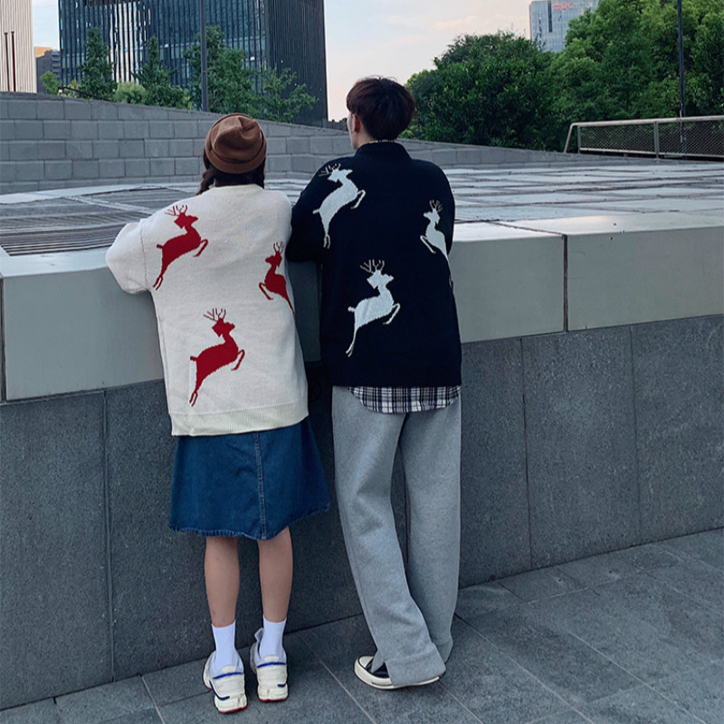 Áo len đan dài tay họa tiết hình con hươu cổ điển phong cách Hàn Quốc cho các cặp đôi vào mùa thu và mùa đông