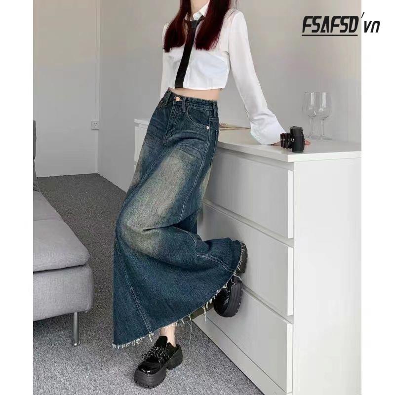 Chân Váy Denim Dài Dáng Chữ A Phong Cách Retro Dành Cho Nữ