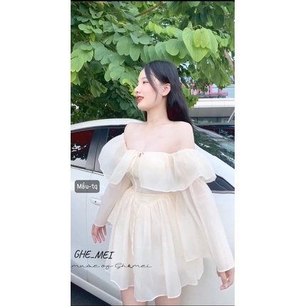 Váy tơ trễ vai tay xoè
