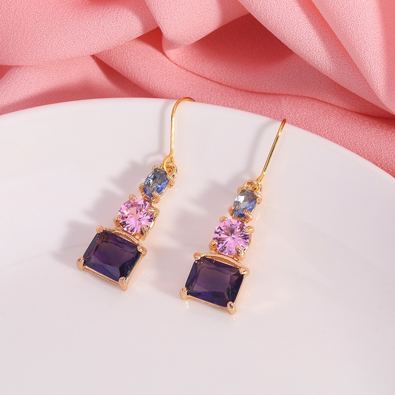 Khuyên tai Pinkdudu PD443 đính đá thạch anh tím xanh dương hồng mạ vàng thời trang cho nữ
