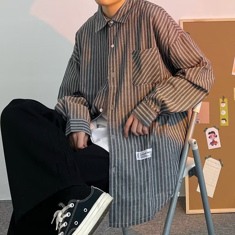 Áo Sơ Mi Nam Dài Tay Dáng Rộng Họa Tiết Kẻ Sọc 3 Màu Tùy Chọn Size 3-3XL Phong Cách Hàn Quốc