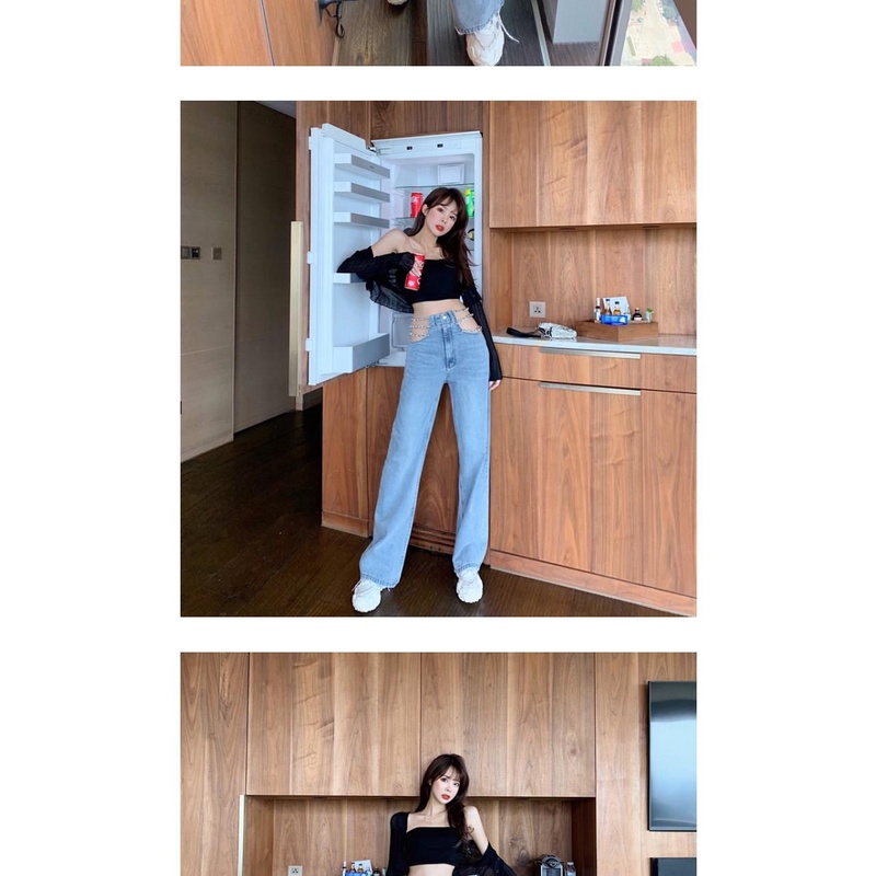 Quần jean lưng cao ống rộng phối dây xích phong cách Hàn quốc