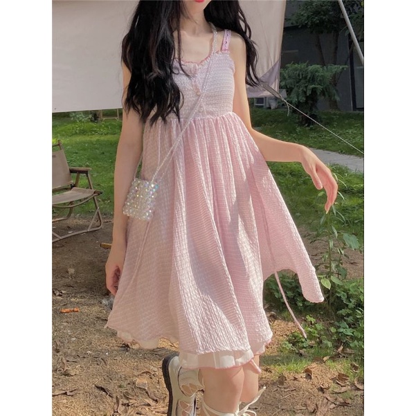 Váy hai dây xòe  babydoll công chúa màu hồng trắng oder taobao