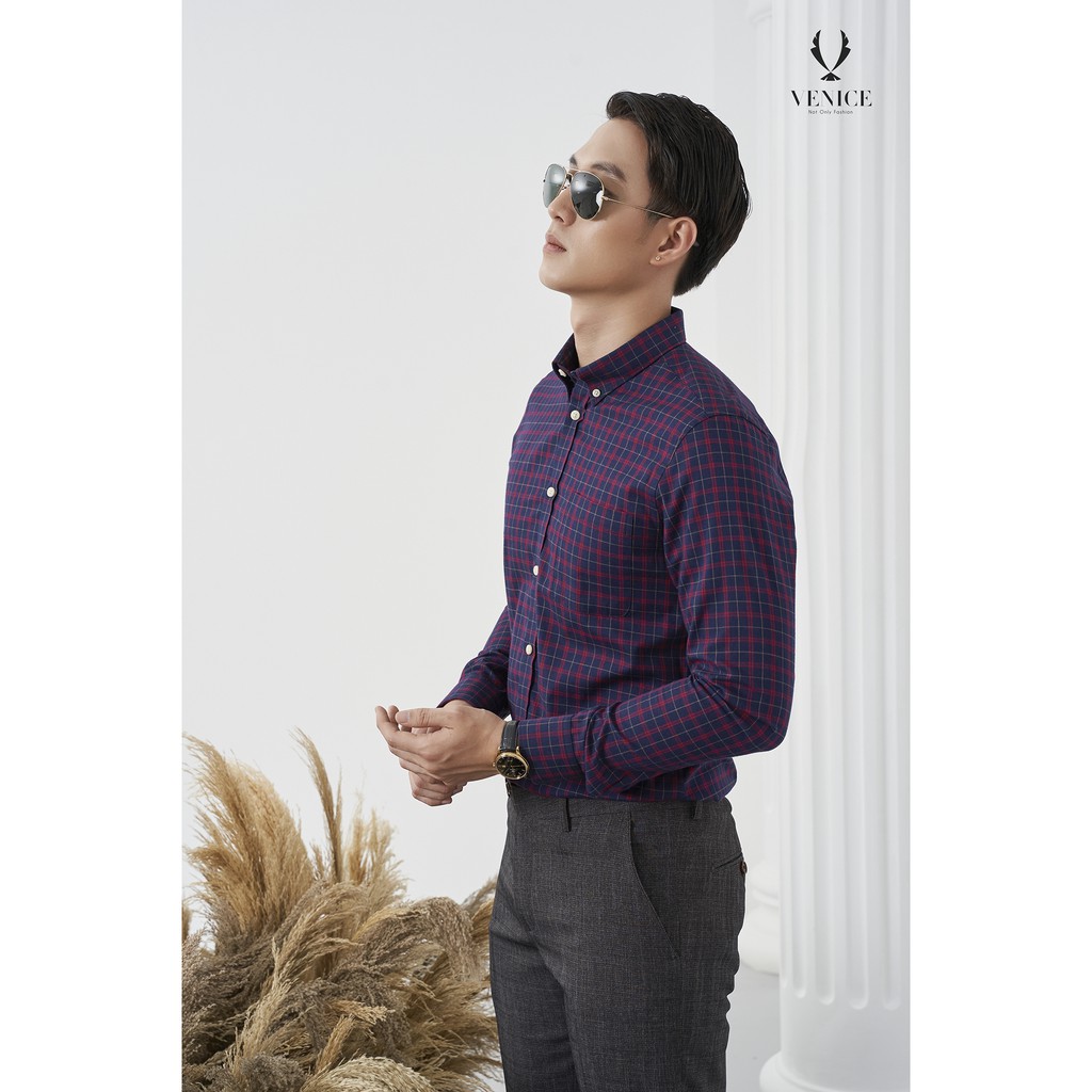 Sơ Mi Nam Dài Tay VENISCE - Đỏ Đen Kẻ Vàng Caro Vừa AW1916-01 ( Túi, Cúc Đục Vàng), Form Slim Fit, Vải Cotton Cao Cấp