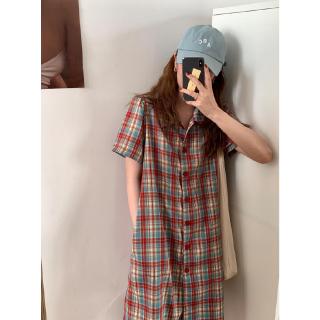 Đầm sơ mi tay ngắn dáng rộng họa tiết sọc caro cá tính