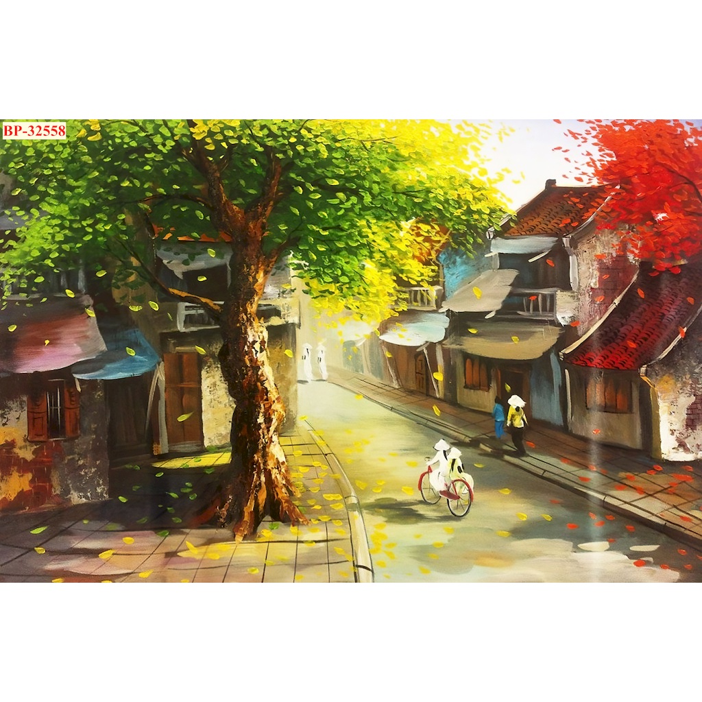 Tranh dán tường góc Phố phong cách Hà Nội cổ điển 3D nhiều mẫu