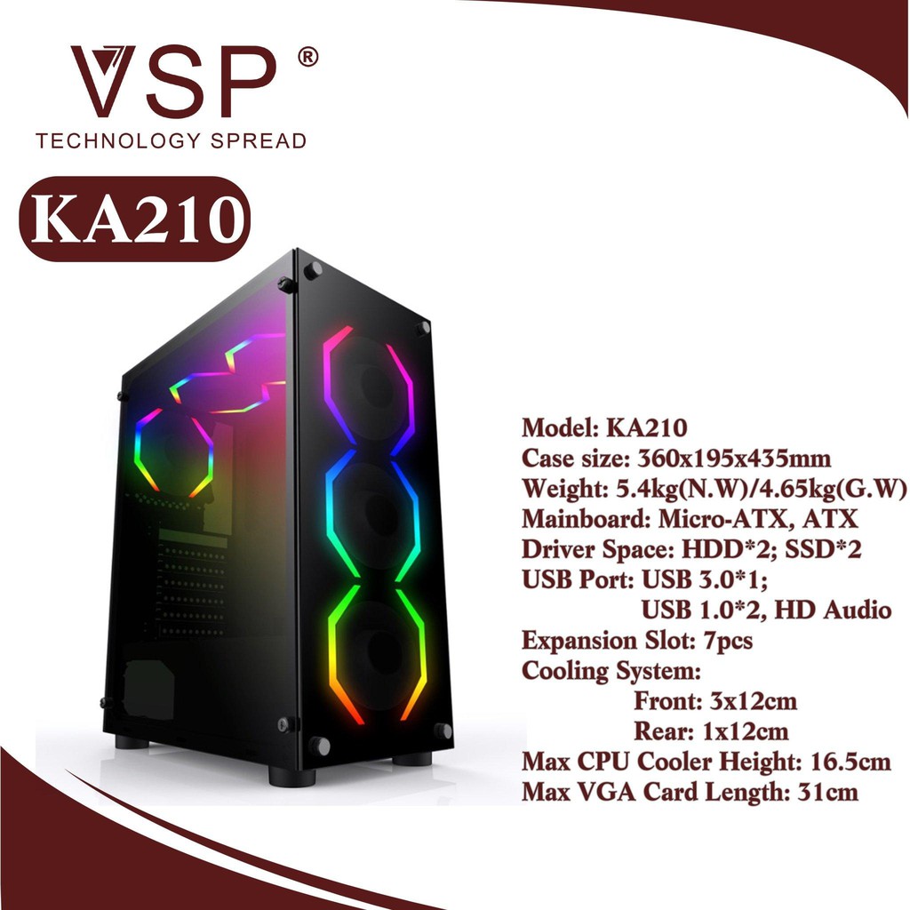 [ HÀNG MỚI VỀ] Vỏ Nguồn Máy Tính VSP KA-210 Kính Cường Lực - Case VSP KA 210 NEBULA- CHÍNH HÃNG CÔNG TY