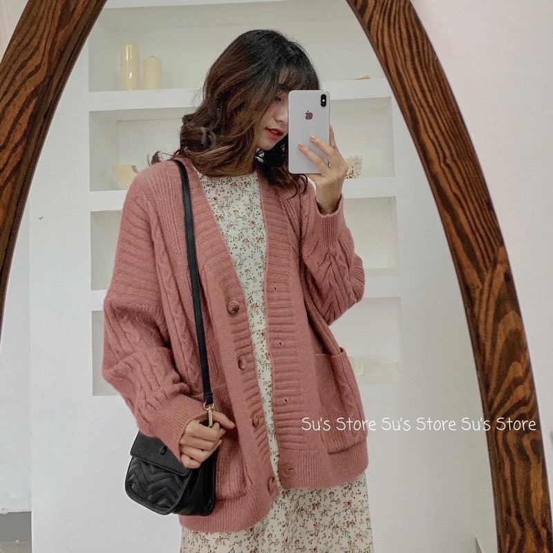 Áo cadigan len vặn thừng cài khuy 2 túi hàng chuẩn QC
