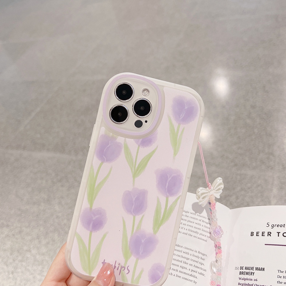 Ốp Điện Thoại Hình Hoa Tulip Tím Phối Dây Xích Thắt Nơ Cho Iphone 11 8 7 Plus SE2 XS XR 12 13 Mini PRO MAX