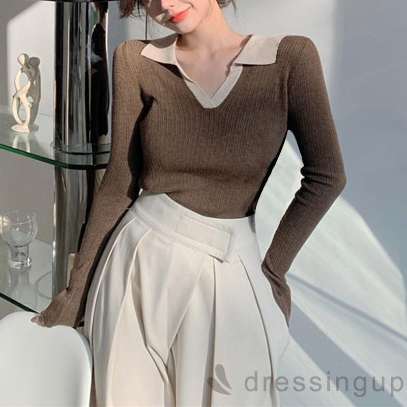 Áo dệt kim tay dài cổ chữ V thời trang mùa thu cho nữ