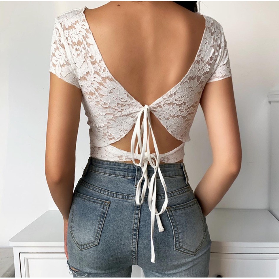 Áo kiểu crop top tay ngắn phối ren quyến rũ thời trang cho nữ