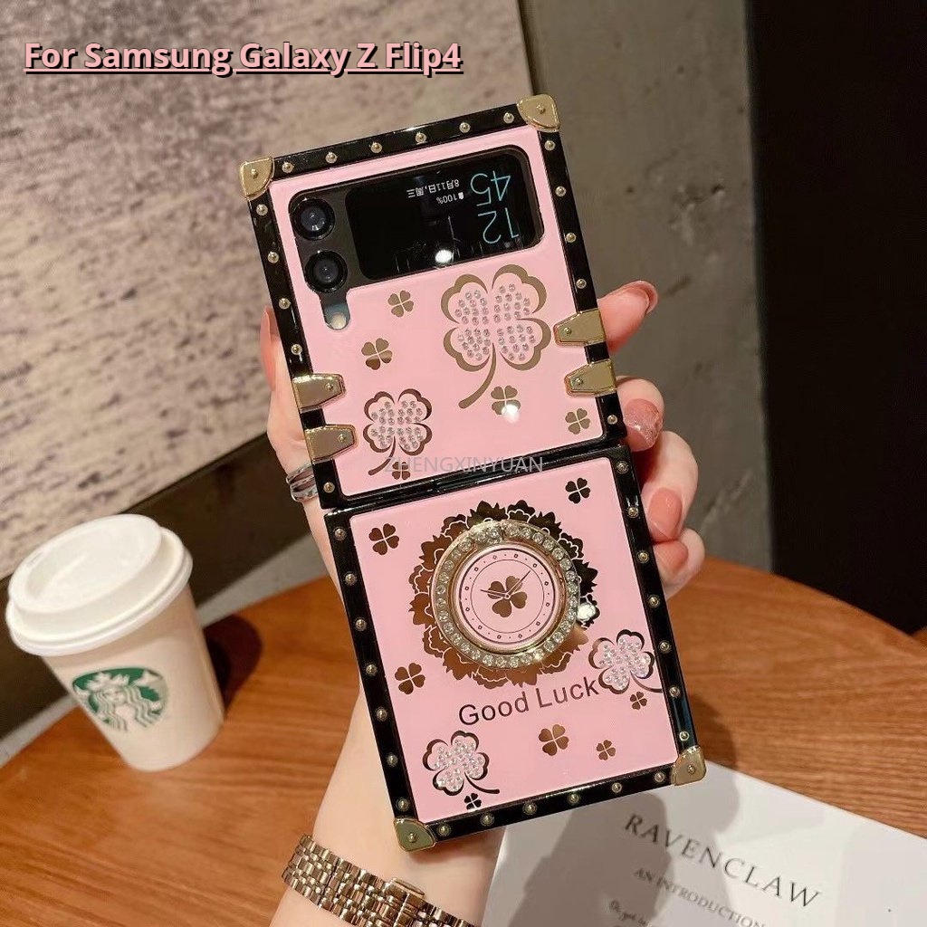 Ốp Điện Thoại Chống Sốc Họa Tiết Cỏ Ba Lá Đính Đá Thời Trang Cho Samsung Galaxy Z Flip 3 Flip4 Flip3 5G Samsung Z filp 4 ZFlip4 ZFlip3