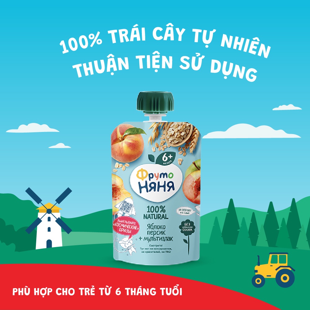 Trái cây nghiền vị táo, đào và ngũ cốc Fruto Nyanya 90g