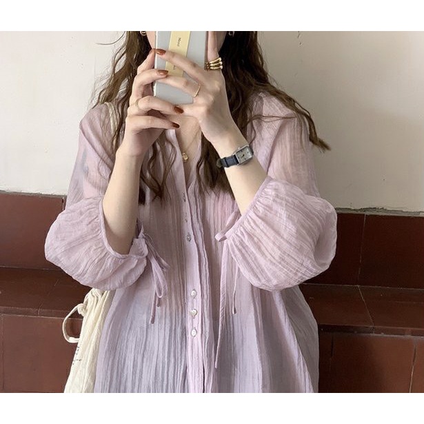 Áo sơ mi nữ tay dài form rộng màu pastel phong cách Hàn Quốc tiểu thư mẫu mới tay buộc nơ 2022