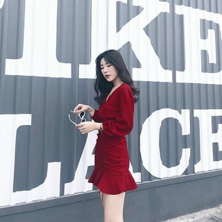 Đầm nữ cổ chữ v nhún eo 2 màu xòe đuôi cá thanh lịch - winchois