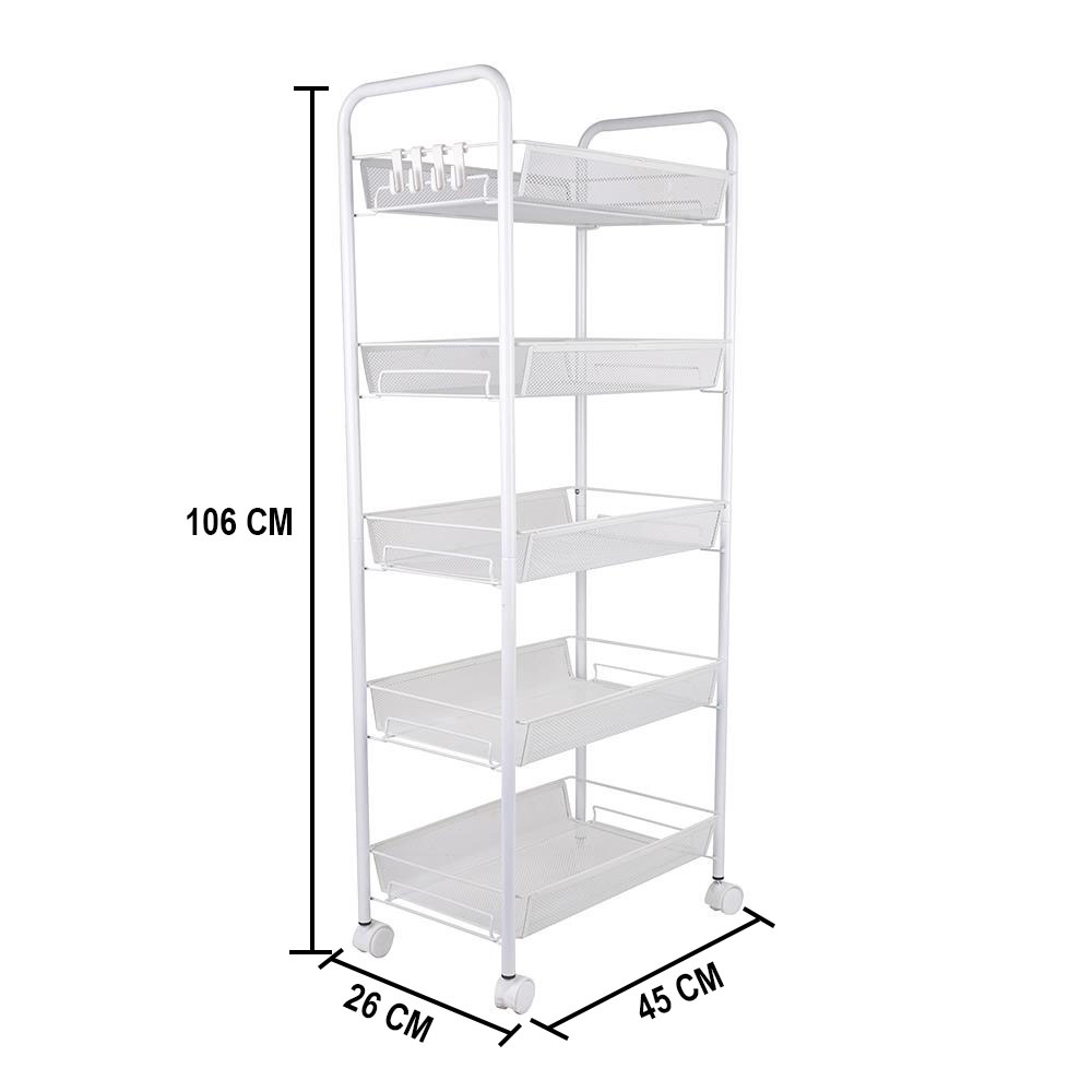 HomeBase STACKO Kệ 5 tầng bằng lưới thép có bánh xe có 4 móc treo IVY W45xH106xD26cm màu trắng
