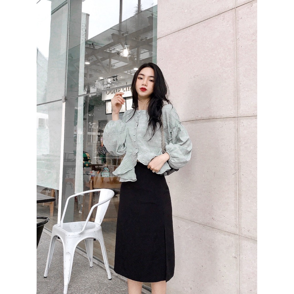 Set áo kiểu nhún bèo chân váy xẻ tà siêu xinh SE328
