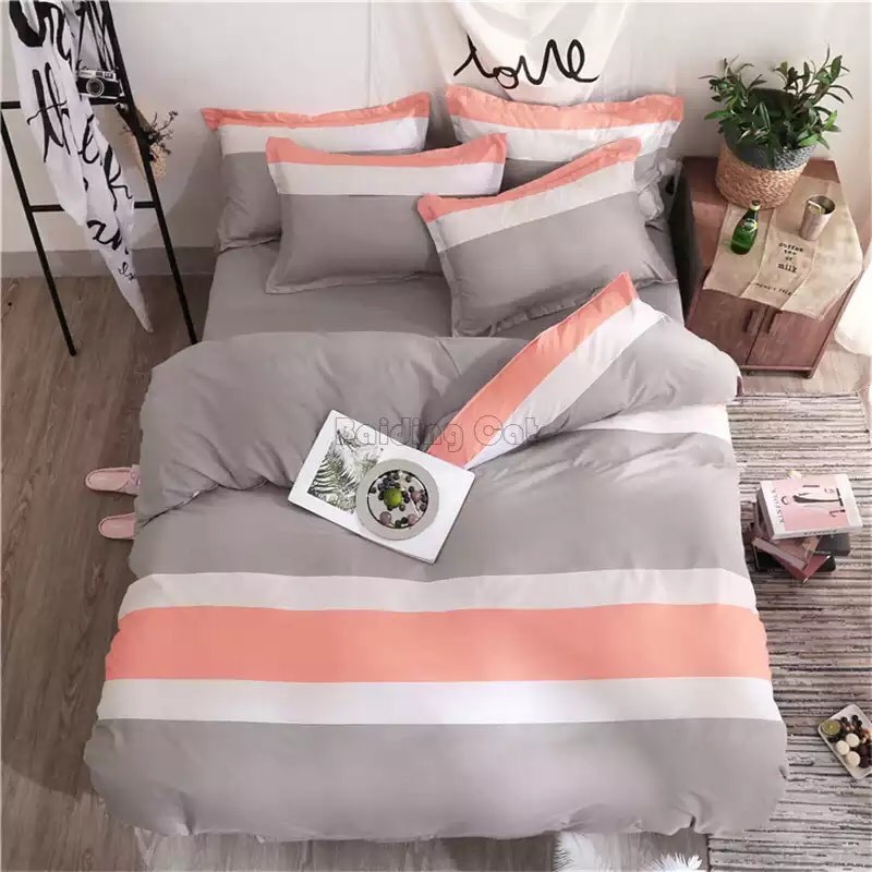 Bộ Chăn Ra Gối Cotton Poly Mẫu Kẻ Cam, Bộ Chăn Ga Gối Cotton Poly Mẫu Kẻ Cam, shop Mẹ Gấu