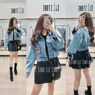 Cle Store - Áo khoác jean croptop túi kim sa BlingBling