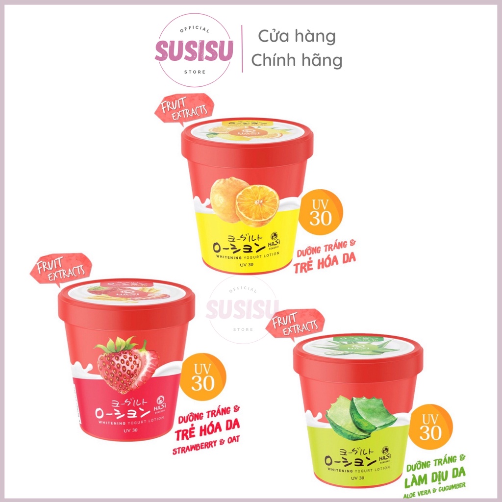 Kem Lotion dưỡng thể trắng da YOGURT & TRÁI CÂY kết hợp chống nắng Hasi UV 30 (dâu, nha đam, dưa leo)