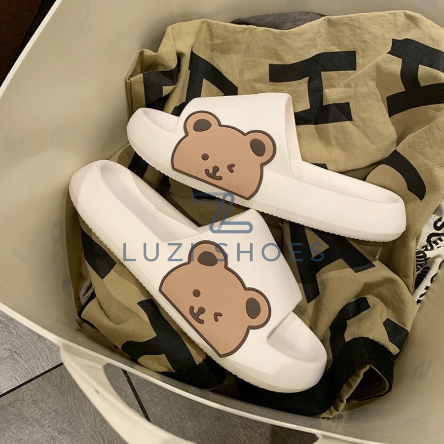 Dép bánh mì quai ngang unisex hình gấu phát sáng 2 màu đen trắng, dép nhựa nử đi mưa, học sinh đi học cute