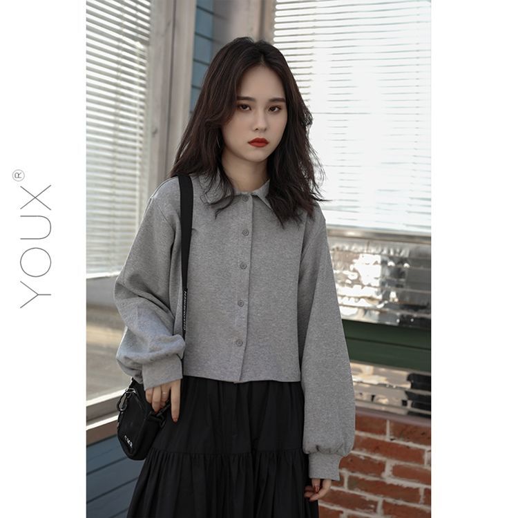 Áo dáng lửng dài tay cổ bẻ thời trang đơn giản cho bạn nữ